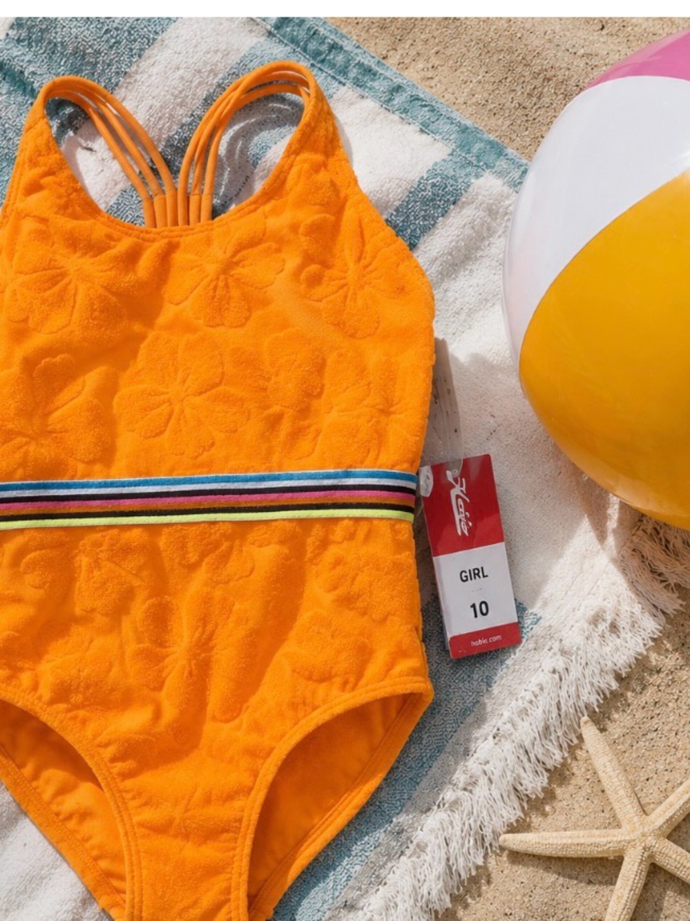 Hobie Bright Orange Girls' One-Piece Swimsuit with Rainbow Stripe Waistband